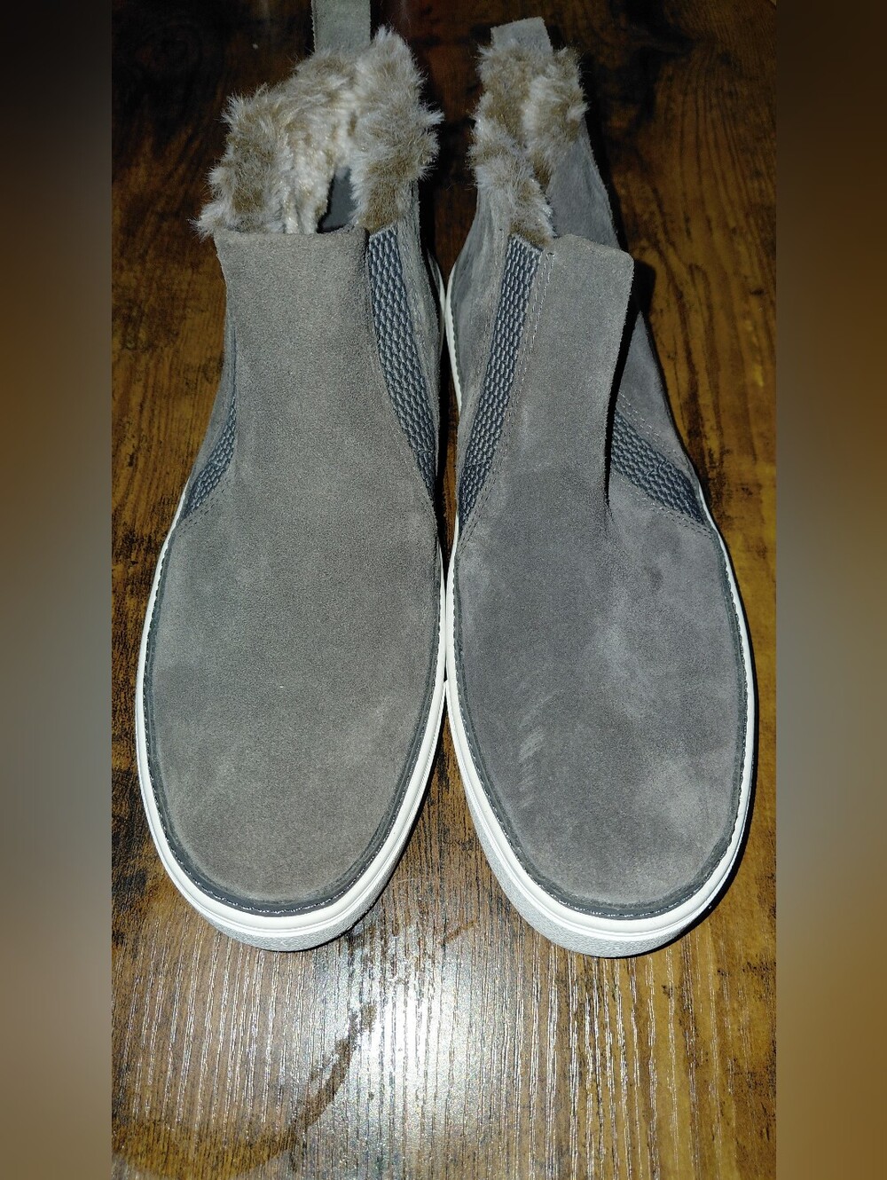 Toms Gray Suede Slip-On Loafers with Faux Fur Trim
